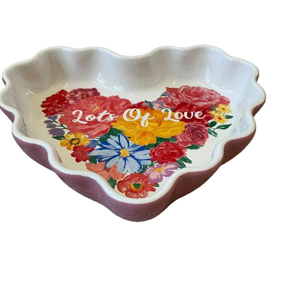 Pioneer Woman Valentines Heart Shaped Ceramic Baking Dish Pink Floral 9.65x7 New - Picture 3 of 11